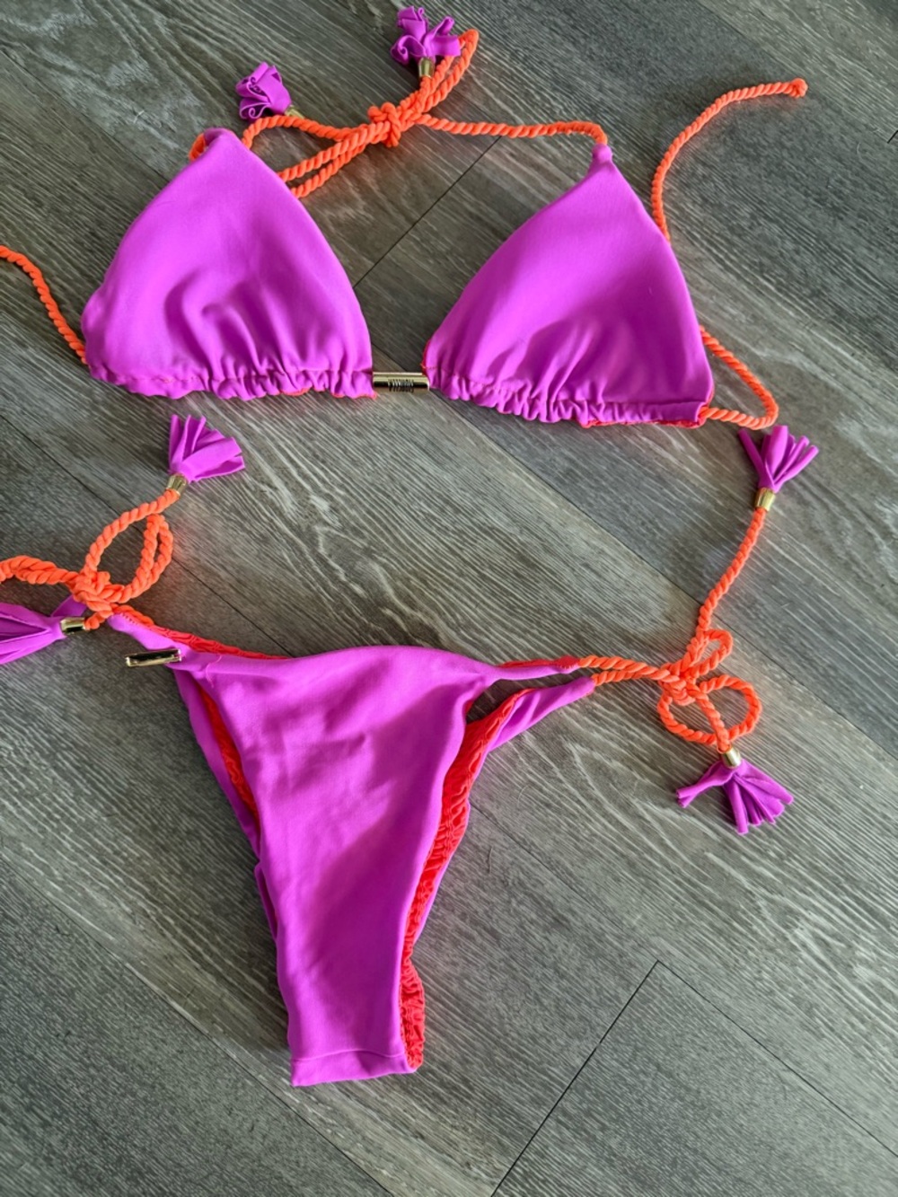 Hot Pink and Orange Rope-Trim Triangle Bikini